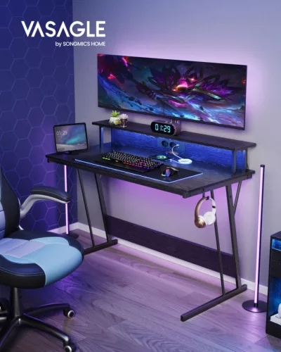 VASAGLE LED Gamer Asztal Beépített Tápegységgel és Monitortartóval Fekete