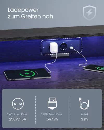 VASAGLE LED Gamer Asztal Beépített Tápegységgel és Monitortartóval Fekete