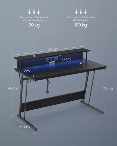 VASAGLE LED Gamer Asztal Beépített Tápegységgel és Monitortartóval Fekete