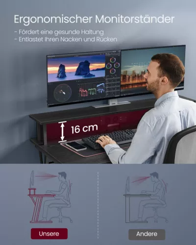 VASAGLE LED Gamer Asztal Beépített Tápegységgel és Monitortartóval Fekete