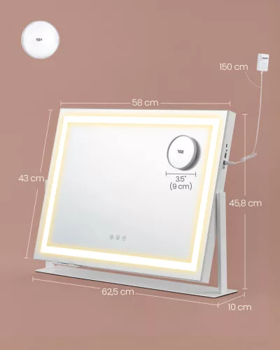 SONGMICS LWM002W02 LED-es sminktükör 15 izzóval matt fehér érintésvezérléssel