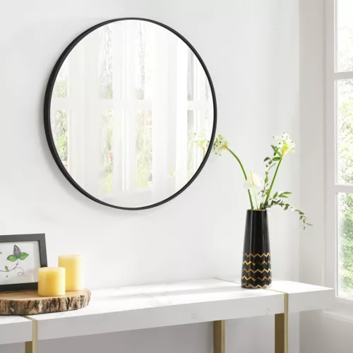 SONGMICS Elegáns Kerek Fali Tükör 61 cm Fekete Alumínium Kerettel