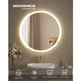   SONGMICS LED-es fürdőszobai tükör kerek fali tükör páramentesítő funkcióval állítható színhőmérséklet és fényerő 61 cm felhőfehér