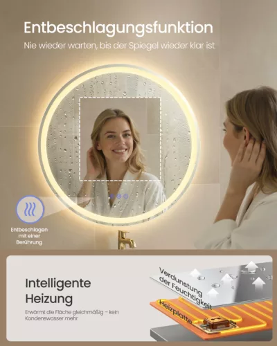 SONGMICS LED-es fürdőszobai tükör kerek fali tükör páramentesítő funkcióval állítható színhőmérséklet és fényerő 61 cm felhőfehér
