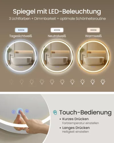 SONGMICS LED-es fürdőszobai tükör kerek fali tükör páramentesítő funkcióval állítható színhőmérséklet és fényerő 61 cm felhőfehér