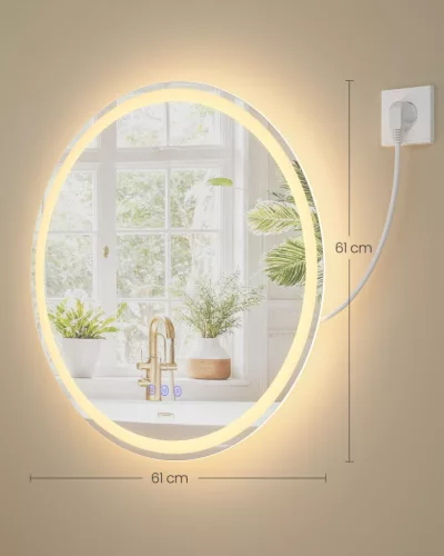 SONGMICS LED-es fürdőszobai tükör kerek fali tükör páramentesítő funkcióval állítható színhőmérséklet és fényerő 61 cm felhőfehér