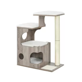   FEANDREA PCT070G01 Macskabútor 86 cm Kaparófa Barlanggal és 3 Pihenőhellyel, MDF Fa Furnérral, Szizál Törzzsel, Mosható Plüss Párnákkal, Szürke-Fehér