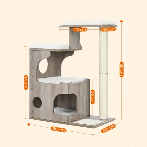 FEANDREA PCT070G01 Macskabútor 86 cm Kaparófa Barlanggal és 3 Pihenőhellyel, MDF Fa Furnérral, Szizál Törzzsel, Mosható Plüss Párnákkal, Szürke-Fehér