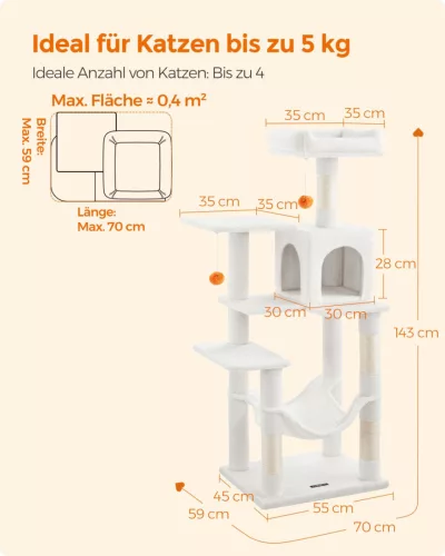 Feandrea 143 cm Macskafa Többszintes Plüss Krémfehér Pompomokkal