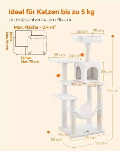 Feandrea Luxus Macskafa 143 cm Krémfehér Többszintes Plüss Macskabútor
