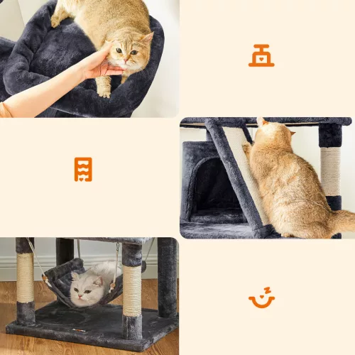 FEANDREA Luxus Macskabútor Két Barlangos Kaparófa 155 cm Füstszürke