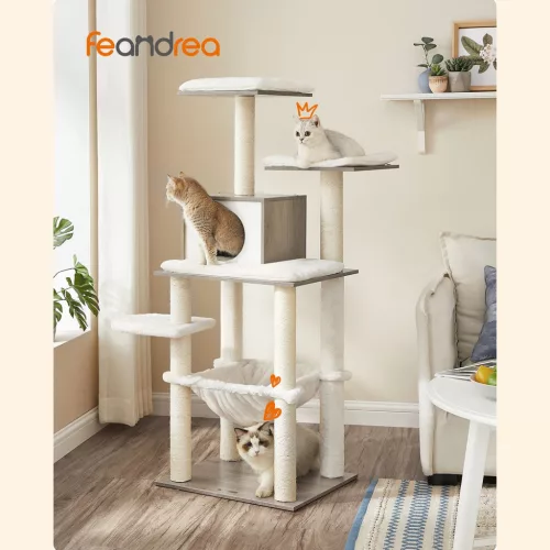 FEANDREA PCT164G01 macskafa 138 cm greige modern többszintes kaparófa plüss párnákkal