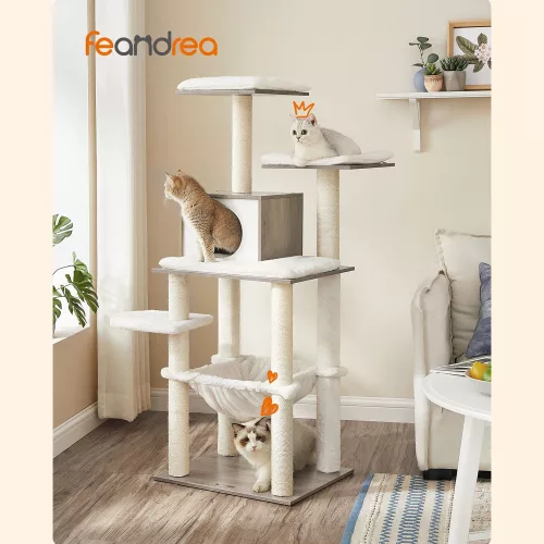 FEANDREA Modern Greige Macskabútor 138 cm Többszintes Kaparófa Barlangos Pihenővel