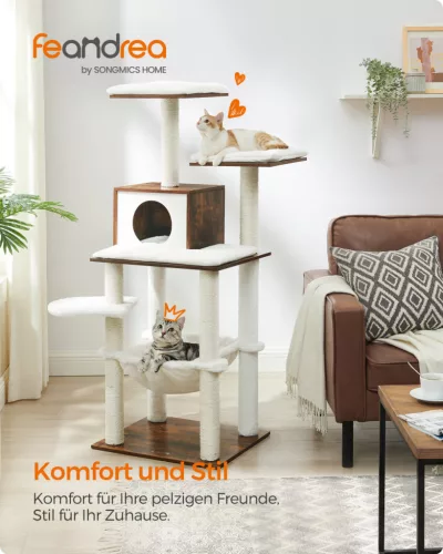 FEANDREA Modern Macskabútor 138 cm Vintage Barna Többszintes Kaparófa Barlanggal és Függőággyal