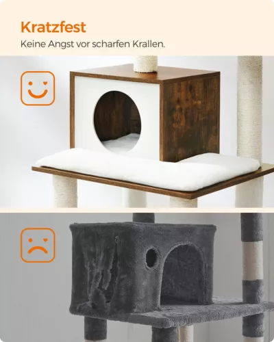FEANDREA Modern Macskabútor 138 cm Vintage Barna Többszintes Kaparófa Barlanggal és Függőággyal