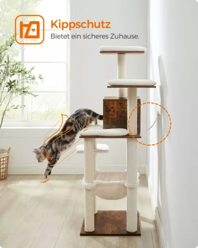 FEANDREA Modern Macskabútor 138 cm Vintage Barna Többszintes Kaparófa Barlanggal és Függőággyal