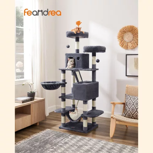 FEANDREA XXL macskabútor 168 cm magas kaparófa plüss füstszürke