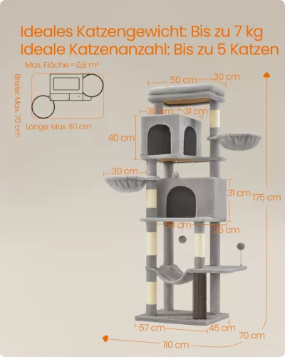 Feandrea PCT182G01 175 cm magas többszintes macskafa kaparóoszlopokkal galambszürke