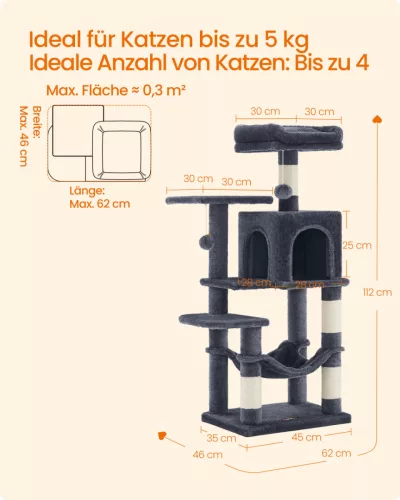 Feandrea 112 cm macskaház kaparófa 4 kaparóoszloppal, 2 pihenőplatformmal, 1 barlanggal, 1 függőággyal, 2 pomponnal, többszintes plüss, füstszürke