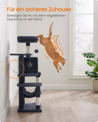 Feandrea 112 cm macskaház kaparófa 4 kaparóoszloppal, 2 pihenőplatformmal, 1 barlanggal, 1 függőággyal, 2 pomponnal, többszintes plüss, füstszürke