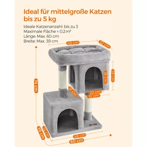 Feandrea PCT612W01 macskafa 74 cm világosszürke plüss 2 barlanggal