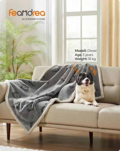 Feandrea vízálló kutyatakaró sherpa fleece anyagból kis és közepes kutyáknak, macskáknak 127 x 101 cm szürke