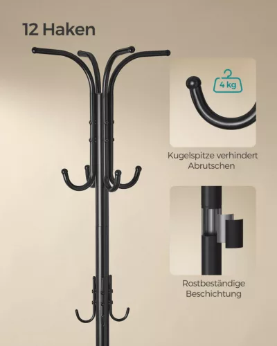SONGMICS szabadon álló fogas esernyőtartóval 12 kampóval fém 175 cm tintafekete