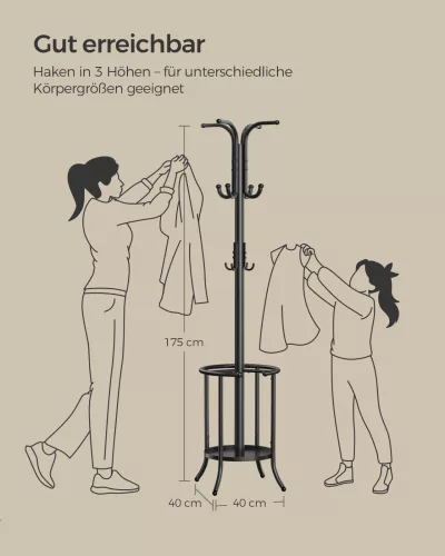 SONGMICS Álló Fém Fogas Esernyőtartóval 175 cm Fekete
