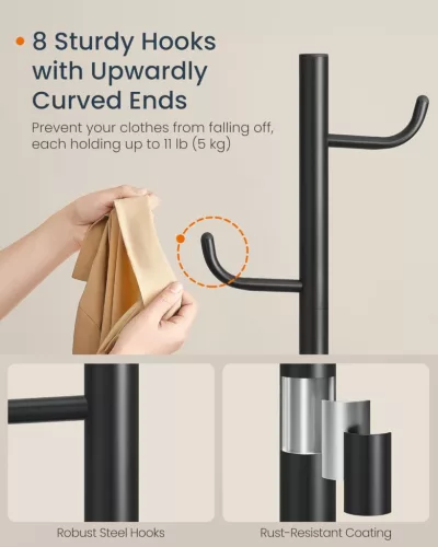 SONGMICS HOME kaktusz alakú álló fogas 8 kampóval acél és MDF tintafekete 175,3 cm