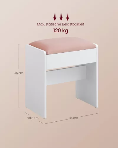 VASAGLE RDS001W01 Fésülködőasztal Ülőke Bársony Párnázott Fehér-Rózsaszín