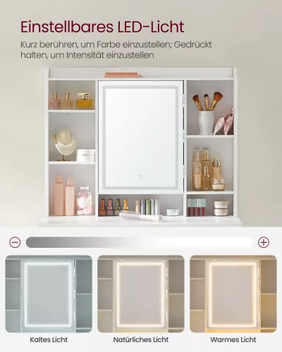 VASAGLE Modern LED Fésülködőasztal Állítható Polcokkal Fehér