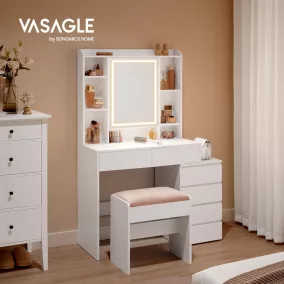   VASAGLE Modern LED Fésülködőasztal Tükörrel és Zsámollyal Felhőfehér