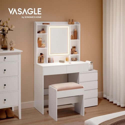 VASAGLE Modern LED Fésülködőasztal Tükörrel és Zsámollyal Felhőfehér