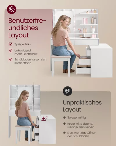 VASAGLE Kailyn RDT140WB01 Fésülködőasztal Tükörrel és LED Világítással felhőfehér