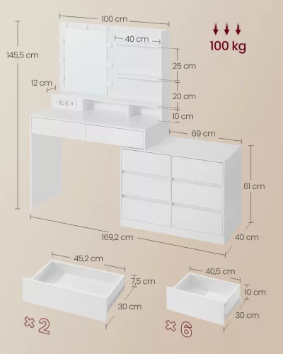 VASAGLE Kailyn RDT140WB01 Fésülködőasztal Tükörrel és LED Világítással felhőfehér