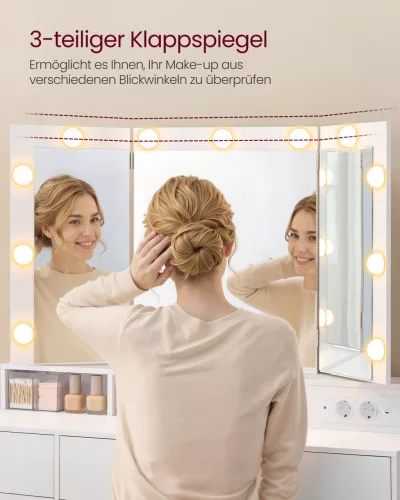 VASAGLE KAILYN RDT146WB01 fésülködőasztal LED világítással fehér 9 fiókos