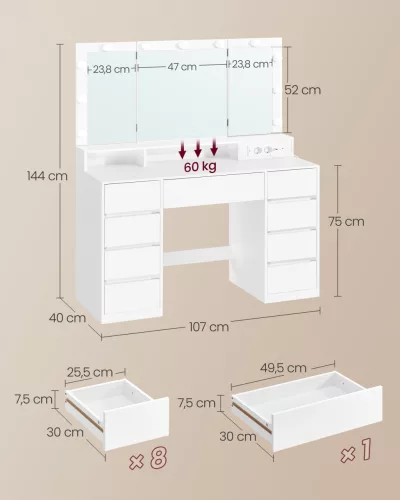 VASAGLE KAILYN RDT146WB01 fésülködőasztal LED világítással fehér 9 fiókos