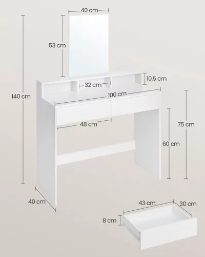 VASAGLE Modern Fehér Fésülködőasztal Nagy Tükörrel és Tárolórekeszekkel