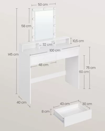 VASAGLE Modern Fésülködőasztal LED Világítással Fehér