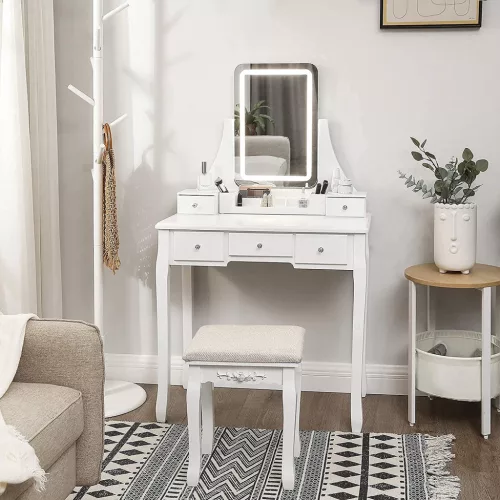 VASAGLE Elegáns LED Világítású Fésülködőasztal Fehér Kivitelben