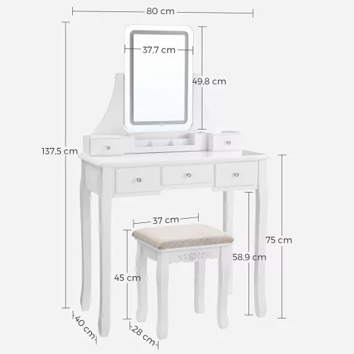 VASAGLE Elegáns LED Világítású Fésülködőasztal Fehér Kivitelben