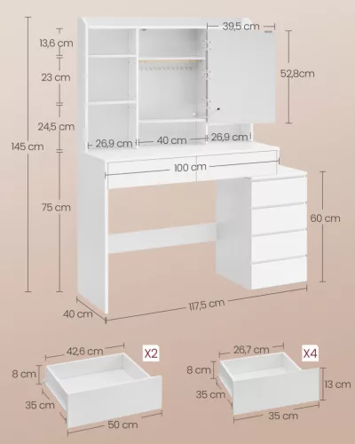 VASAGLE RDT624W01 fésülködőasztal LED világítással tükörrel felhőfehér