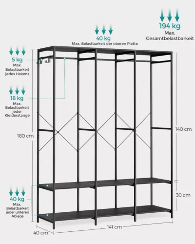 SONGMICS Nyitott Ruhásszekrény Acél Vázzal Fekete 141 cm