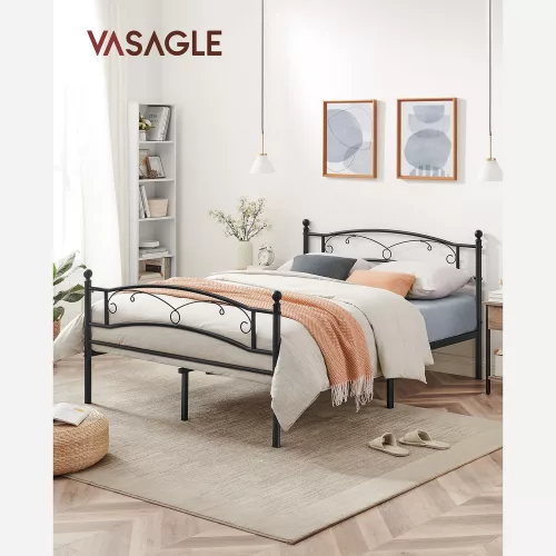VASAGLE Klasszikus Fém Franciaágy Keret Fekete Díszítéssel