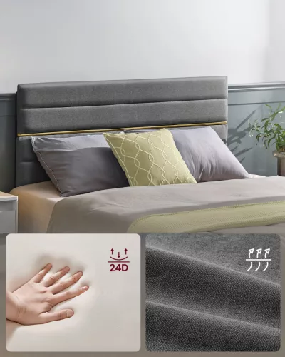 VASAGLE RMB504G01 Dupla Ágy Fém és Tömör Fa Állítható Kárpitozott Fejtámlával Palaszürke