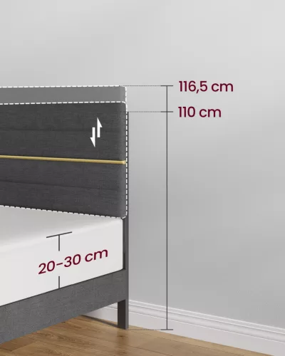 VASAGLE RMB504G01 Dupla Ágy Fém és Tömör Fa Állítható Kárpitozott Fejtámlával Palaszürke
