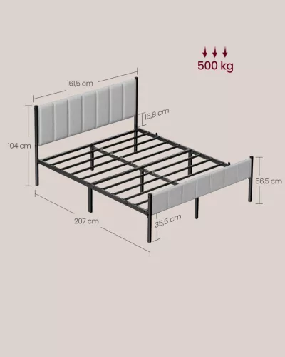 VASAGLE ágykeret 160 x 200 cm kárpitozott fejtámlával acél ágyrács 500 kg teherbírás galamb szürke
