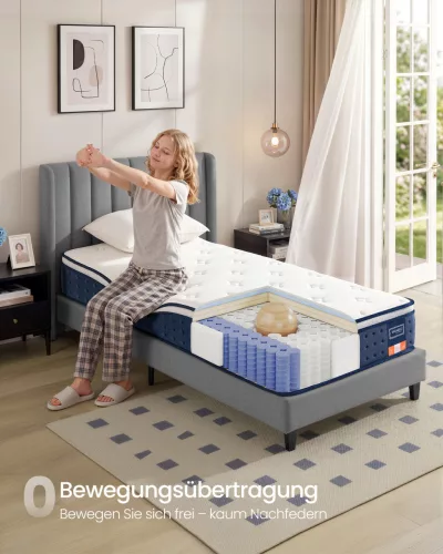 VASAGLE RMZ222QZ02 Hibrid Matrac 90 x 200 x 25 cm Közepes Keménységű Gél Memory Foam Zsákrugós H3 7 Zónás Támasztás Mozgásszigetelés Légáteresztő Huzat Kék