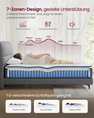 VASAGLE RMZ222QZ02 Hibrid Matrac 90 x 200 x 25 cm Közepes Keménységű Gél Memory Foam Zsákrugós H3 7 Zónás Támasztás Mozgásszigetelés Légáteresztő Huzat Kék