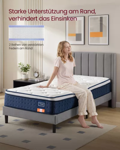 VASAGLE RMZ222QZ02 Hibrid Matrac 90 x 200 x 25 cm Közepes Keménységű Gél Memory Foam Zsákrugós H3 7 Zónás Támasztás Mozgásszigetelés Légáteresztő Huzat Kék